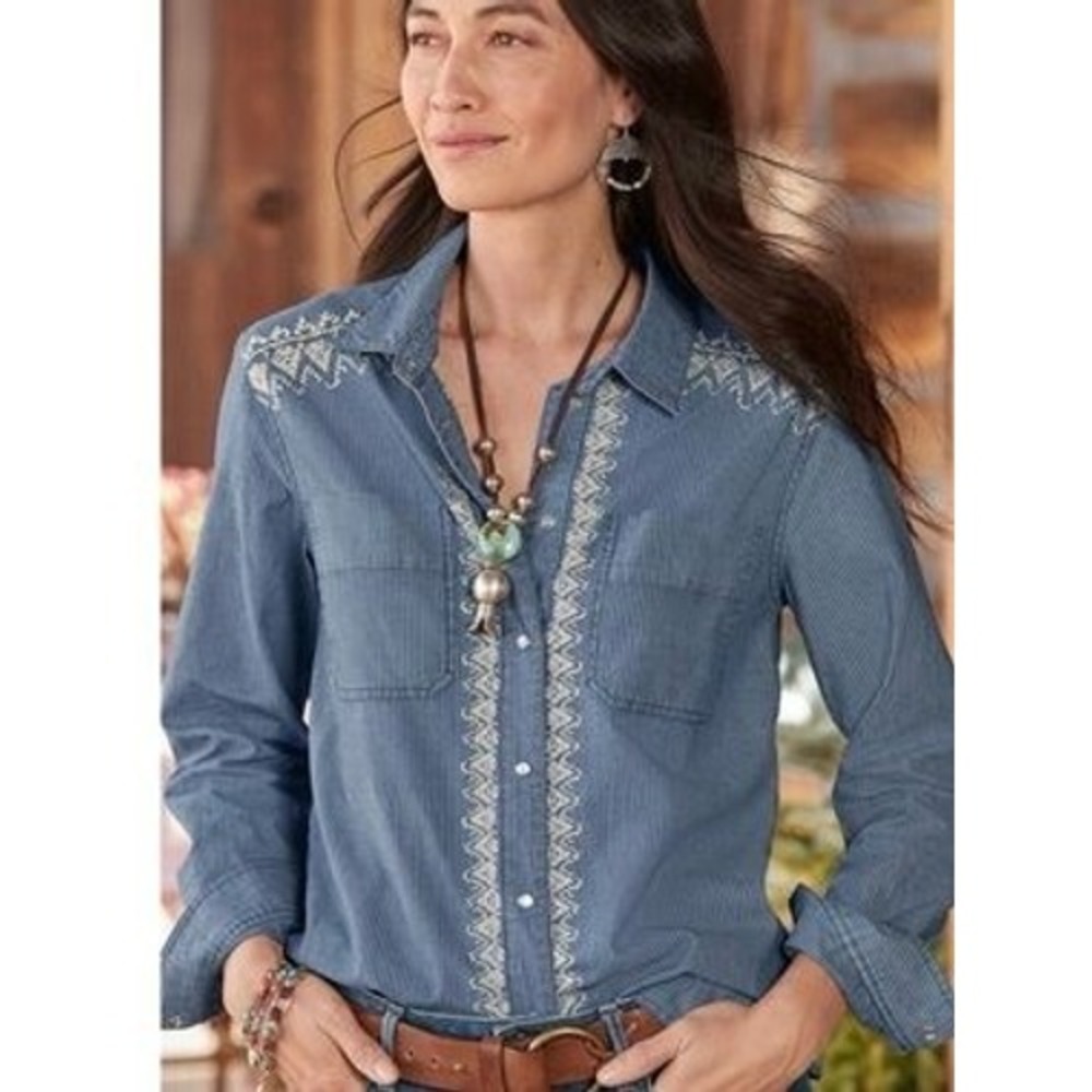 Sundance Meera Pearl Snap Top Pinstripe Embroidered Size M Boho Western